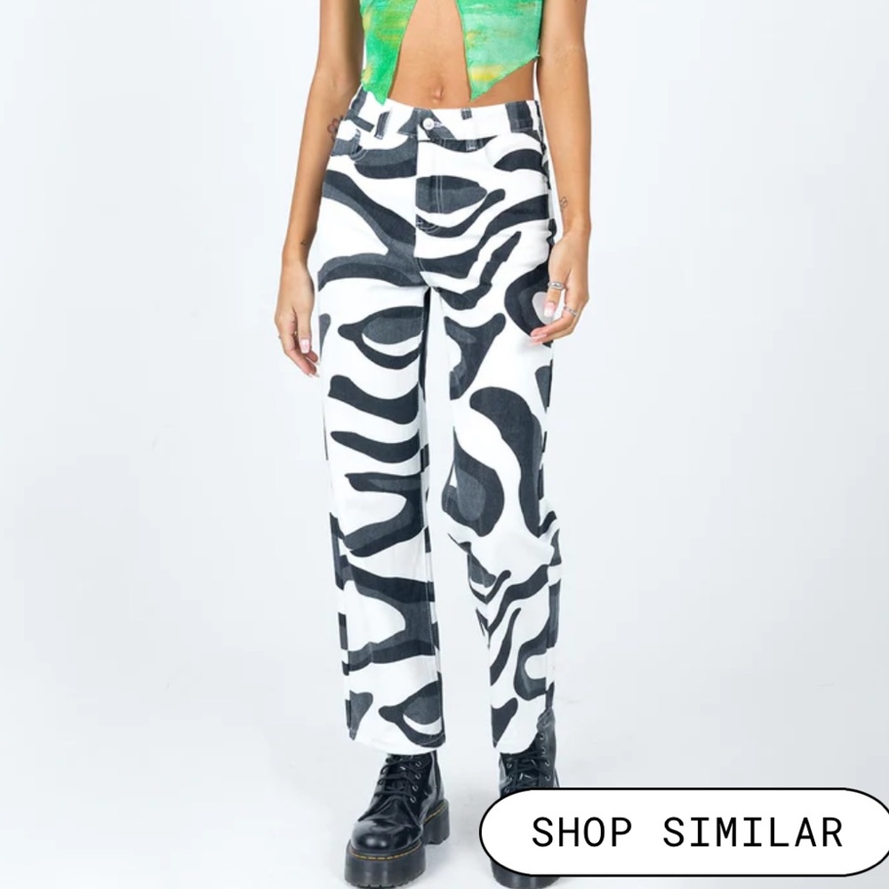 Princess Polly Black and White Printed Straight Leg Jeans - Picture 2 of 5